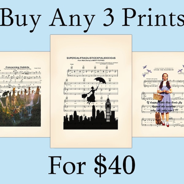 Buy Any 3 Prints For 40 Dollars, Bundle & Save, Sheet Music Art