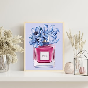 Perfume Print with Blue Peonies, Chic Fashion Poster for Glamorous Vanity Decor, Light Blue Fashion-Themed Wall Art, Modern wall art
