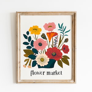 Marché aux fleurs, impression de tulipes, art mural de fleurs bohèmes, impression de salon, affiche du marché aux fleurs, décoration murale de chambre à coucher florale abstraite moderne