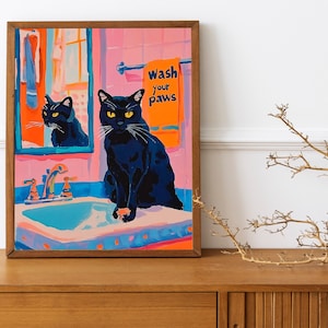 Maximalist Bathroom Cat Art, &quot;Wash Your Paws&quot; Trendy Cat Poster, Colorful Kitsch Wall Decor for Dopamine Decor Lovers, Playful Bathroom Art.
