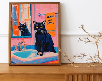 Maximalist Bathroom Cat Art, &quot;Wash Your Paws&quot; Trendy Cat Poster, Colorful Kitsch Wall Decor for Dopamine Decor Lovers, Playful Bathroom Art.