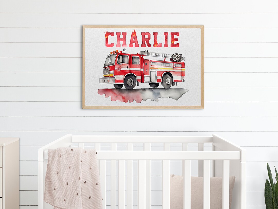 Personalized Watercolor Fireman Rescue Firetruck, Personalize Nursery ...
