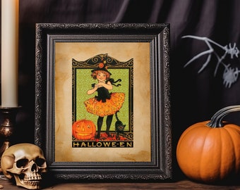 Halloween Vintage Young Witch With Black Cat And Pumpkin Art Print, Vintage Halloween, Vintage Halloween Illustration, Vintage Halloween