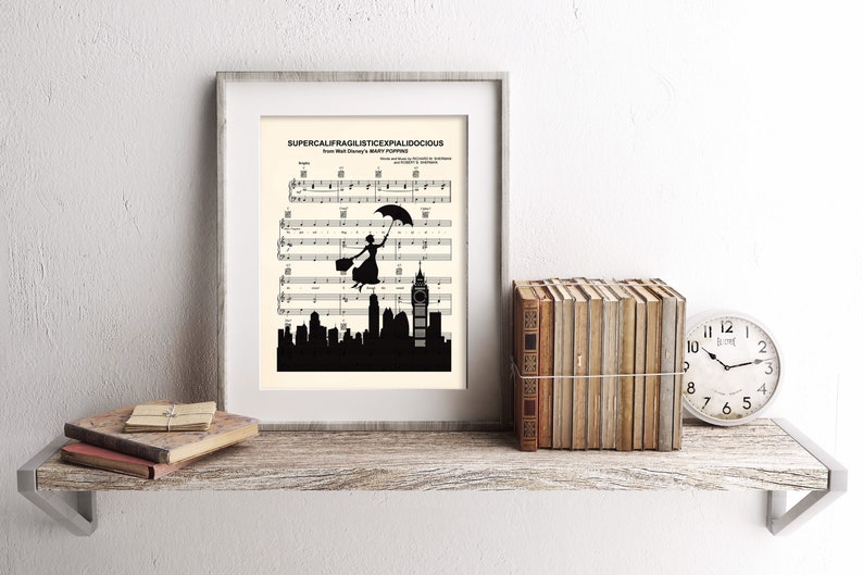 Mary Poppins Silhouette Disney Supercalifragilisticexpialidocious Sheet Music Art Print image 1