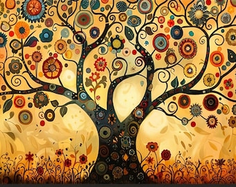 Tree of Life Canvas Art Print, Inspired By Gustav Klimt’s Style, Forest Art Wall Decor, Tree Art
