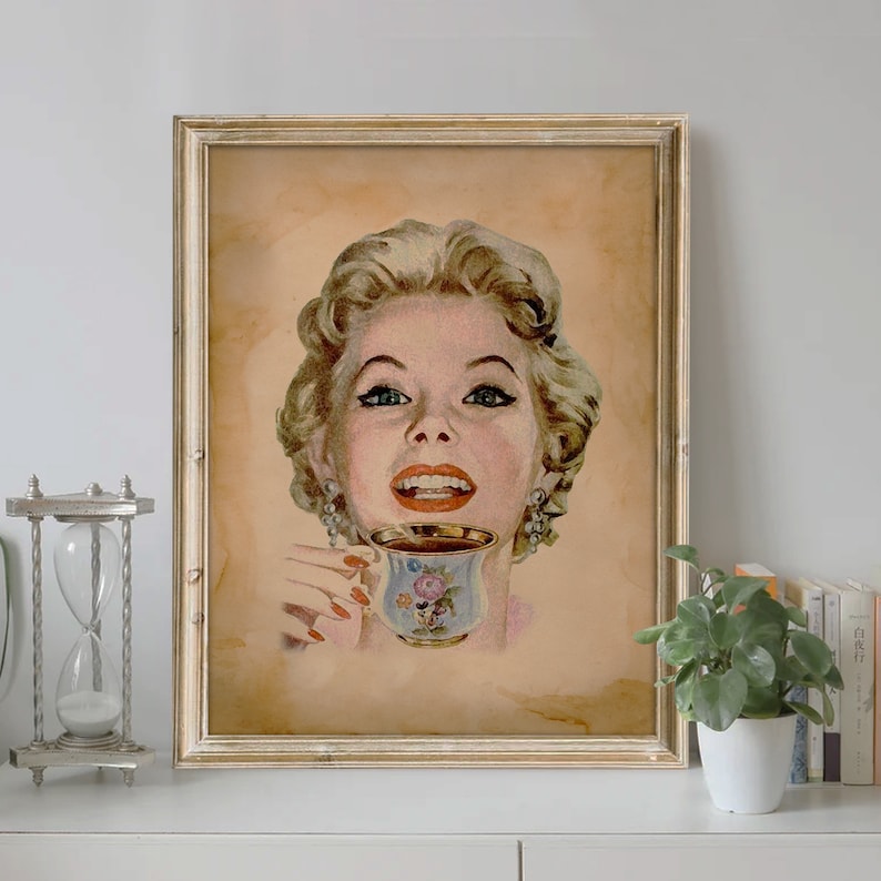 Vintage Woman Drinking Coffee Art Print, Vintage Art, Coffee Art Wall
