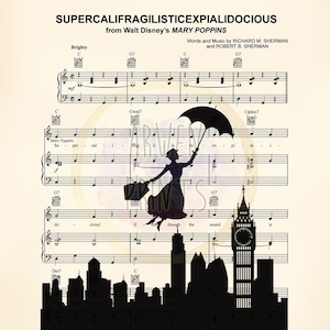 Mary Poppins Silhouette Disney Supercalifragilisticexpialidocious Sheet Music Art Print image 2