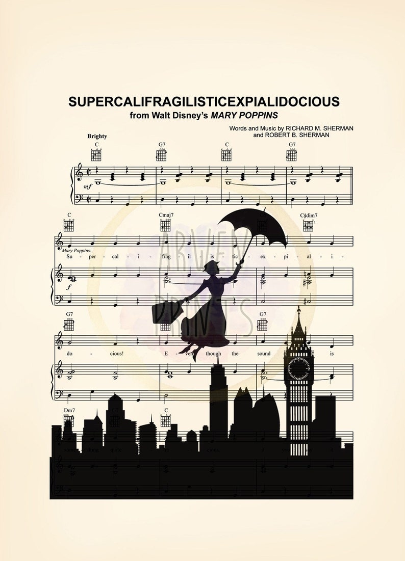 Mary Poppins Silhouette Disney Supercalifragilisticexpialidocious Sheet Music Art Print image 2