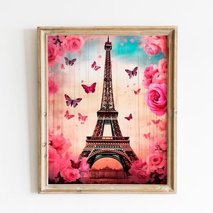 Paris Eiffelturm Wandkunst - Vintage Schmetterlings- und Blumendruck, romantische Pariser Ästhetik, Shabby Chic-Wohnkultur, französisch inspiriertes Geschenk