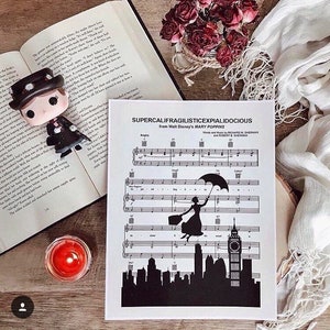 Mary Poppins Supercalifragilistichespiralidoso Disney San Valentino regalo Silhouette spartiti stampa artistica