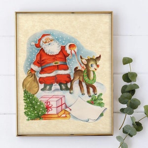 Christmas Vintage Santa and Rudolph Art Print