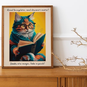 Retro Cat Poster, National Library Week Wall Art, Quirky Book Lover Decor, Fun Cat and Book Poster for Cozy Spaces.
