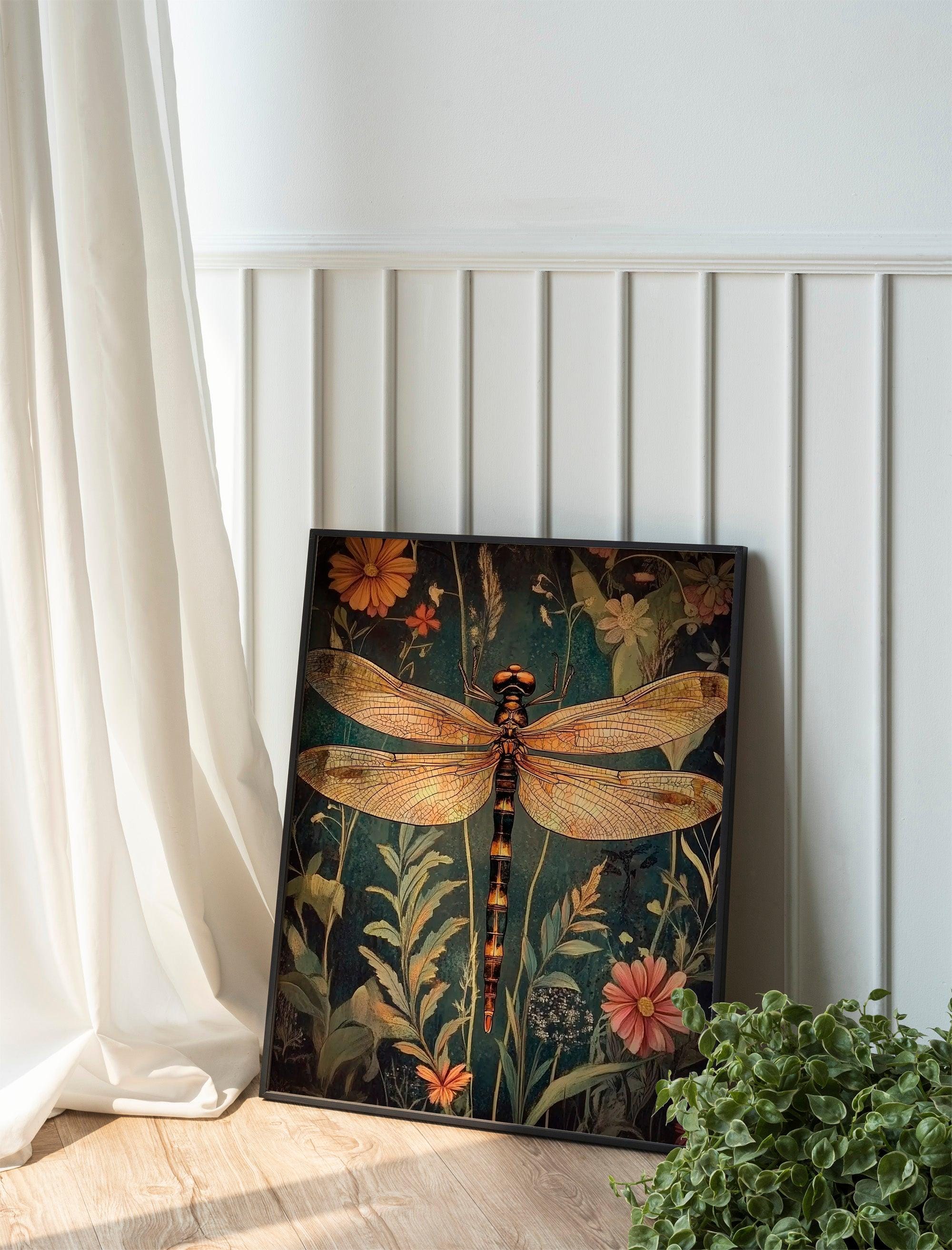 Dragonfly Cottagecore Art, Moody Botanical Print, Aesthetic William Morris Decor, Dark Feminine Wall Art.