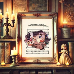 Snow White and the Seven Dwarfs Splatter Vintage Whistle While You Work Sheet Music Art Print