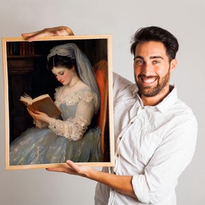 Dipinto di donna che legge, decorazione murale vintage eclettica, arte stampabile malinconica, download digitale del ritratto vittoriano,
