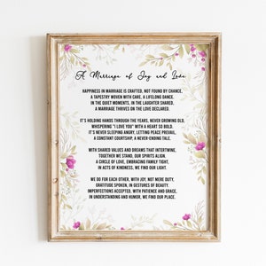 Bloemdessin Huwelijkscadeau Gepersonaliseerd gedicht Afdrukken Poëzie Geloften Lezen toespraak typografie Poster voor moeder vrouw vriendin