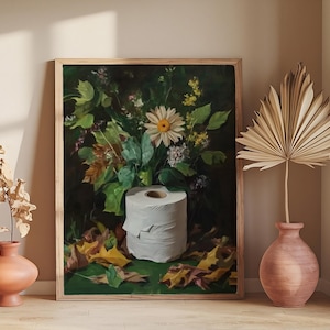 Decorazione murale in carta igienica verde scuro, arte vintage per il bagno con fiori selvatici, poster botanico malinconico