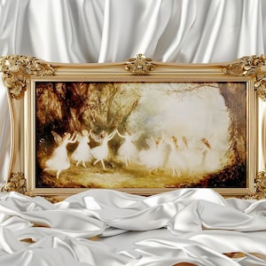 Fairy Dance Print, Vintage Fairytale Aesthetic Art featuring Woodland Fairies. Perfect for Dark Academia, Cottagecore Wall Art, and Antique