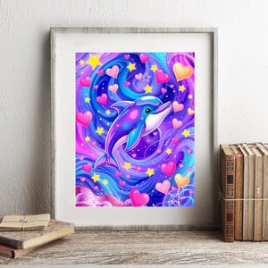 Impresión inspirada en Lisa Frank - Impresión de delfín cósmico kawaii - Arte fantástico y caprichoso del océano - Ilustración vibrante y linda de la vida marina - Galaxia de ensueño