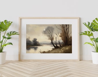 Oil Painting Art Print Of A Lake With Trees And Mountains, Scenic Art Print