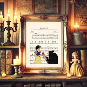 Partitura de Blancanieves y la Reina Malvada disfrazada con manzana roja