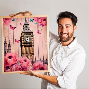 Vintage Clock Tower Wall Art, Butterfly & Floral Aesthetic Print, Romantic Big Ben Illustration, Timeless Home Decor, Shabby Chic Wall Art