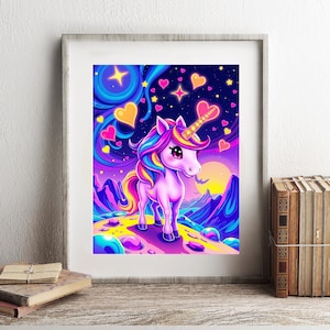 Impresión inspirada en Lisa Frank - Impresión de unicornio cósmico kawaii - Arte de caballo de fantasía caprichoso - Estética de galaxia de ensueño - Decoración de pared mágica y vibrante