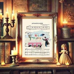 Mary Poppins Vintage Illustration Disney Let’s Go Fly A Kite Sheet Music Art Print