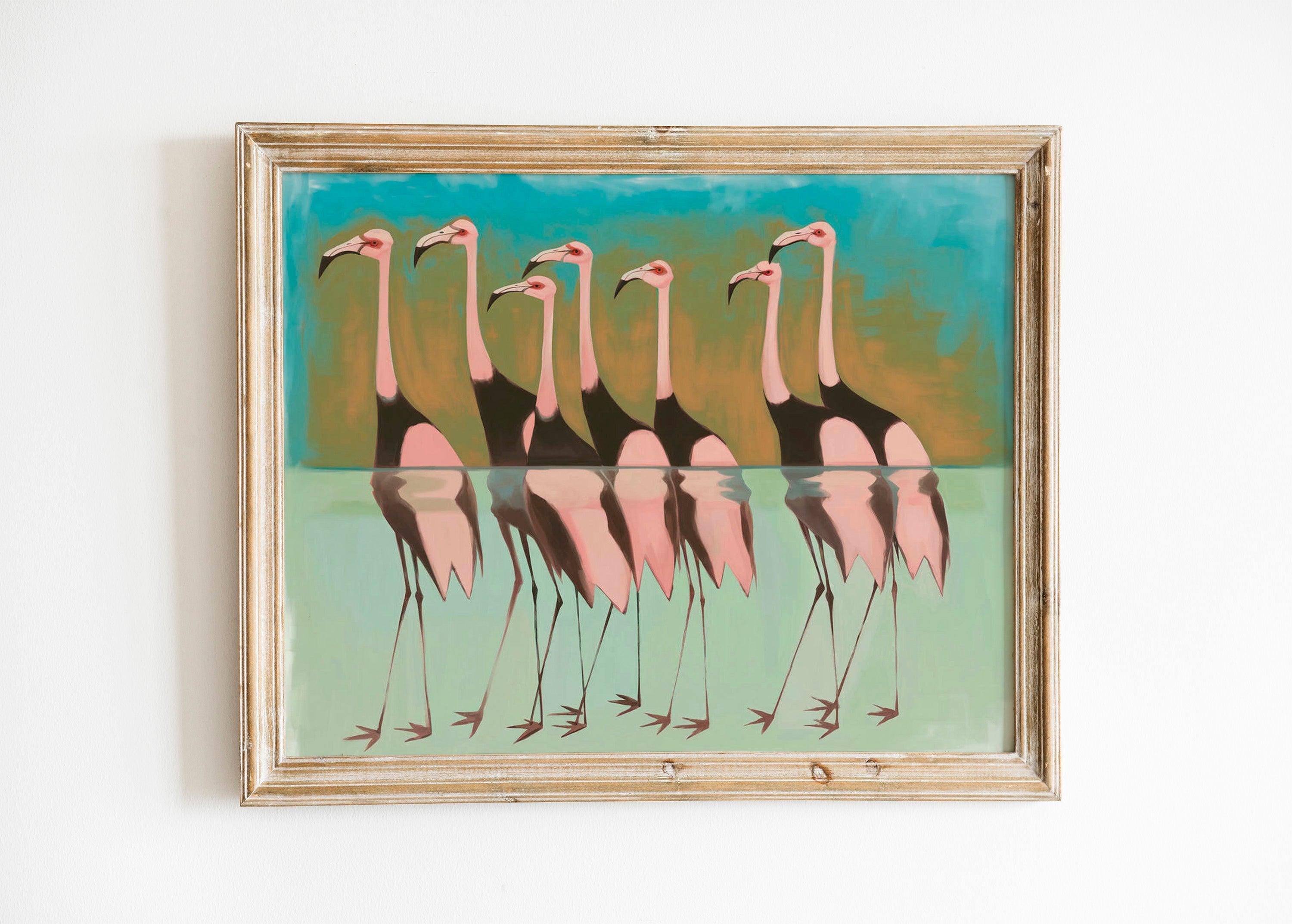 Japanese Flamingo Bird Art, Vintage Traditional and Abstract Styles, Blue Background Statement Wall Print