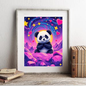 Impresión inspirada en Lisa Frank - Impresión de panda cósmico kawaii - Arte animal de fantasía caprichoso - Decoración de pared linda y vibrante - Estética de galaxia de ensueño