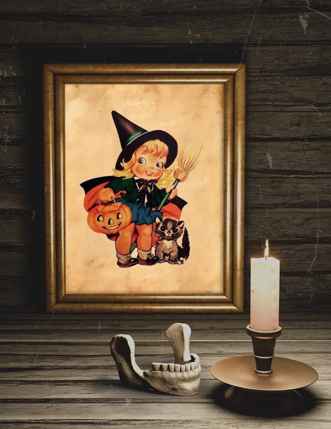 Halloween Vintage Young Witch With Black Cat Art Print, Vintage ...