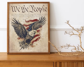 We The People Document Art Print, Patriotic, 4th Of July Art, American Flag Art, Eagle Decor