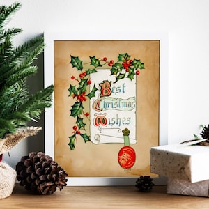 Christmas Vintage Best Christmas Wishes Art Print, Vintage Christmas, Classic Christmas, Christmas Holly, Vintage Art, Christmas Wall Decor