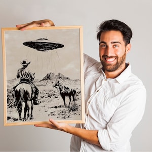 Vintage Western UFO Print, Retro Cowboy Print with Quirky Rodeo Design, Fun Wild West Sci-Fi Art for Cowboy Decor