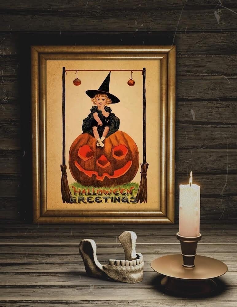 Halloween Vintage Young Witch Sitting on Pumpkin Art Print, Vintage Halloween, Vintage Halloween Illustration, Vintage Halloween