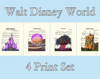 Walt Disney World Four Theme Parks Magic Kingdom, Epcot, Hollywood Studios, Animal Kingdom Sheet Music Art Print Set