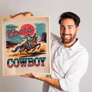 Impresión artística Giclée de Coors Cowboy, arte de pared occidental vintage, ilustración de vaquero del salvaje oeste, impresión artística retro para hogares rústicos y modernos.