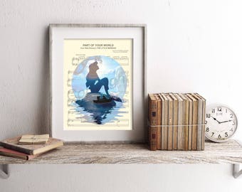 Little Mermaid Ariel on Rock Silhouette Sheet Music Art Print