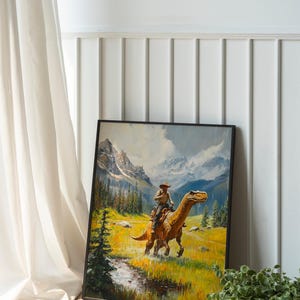Arte vintage dei dinosauri da cowboy, dipinto del Giurassico occidentale, stampa regalo divertente, arte a olio dei dinosauri per Hi