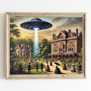 Victorian UFO Painting Print, Aliens Print, UFO Art, Unique Wall Decor, Aliens Decor, Aliens Spaceship Art, Horses
