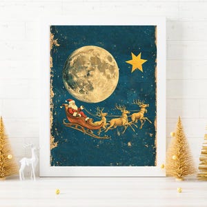 Christmas Vintage Santa and Reindeer Flying By Moon Art Print, Vintage Christmas, Santa Sleigh, Santa Claus is Coming to Town, Vintage Santa