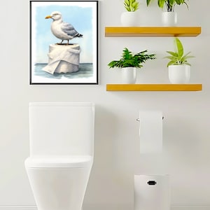 Seagull On Toilet Paper In Ocean Print, Funny Wall Art, Seagull Decor, Wall Art, Seagull Wall Art, Seagull