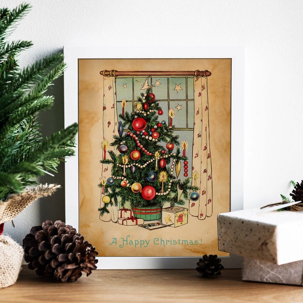 Vintage Christmas Tree Illustration Art Print, Vintage Christmas, Vintage Illustrations, Merry Christmas, Christmas Decor, Happy Christmas