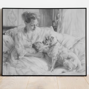 French Sepia Etching, A Woman and Her Faithful Dog, Vintage European Print, Girl With Dog Drawing Sketch Black And White Art Print
