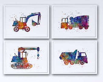 Construction Trucks Watercolor Prints for Boys Bedroom Wall Decor