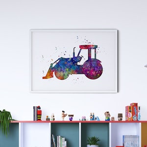 Kleinkind-Spielzimmer-Dekor, Frontlader-Aquarelldruck, mehrfarbiges Poster mit Kompaktlader, Bau-LKW-Thema, Jungenzimmer-Dekor