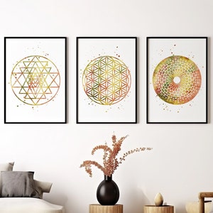 Sacred Geometry Art Set of 3 watercolor prints | Sri Yantra Print | Flower of Life Print | Torus Yantra Print