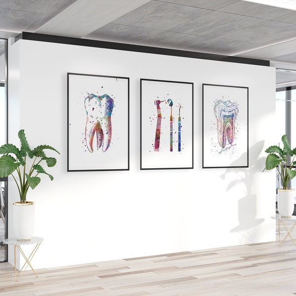 Set mit 3 lebendigen Aquarelldrucken für die Einrichtung einer Zahnarztpraxis, mehrfarbige Zahnheilkundeplakate, Wandkunst für das Wartezimmer der Klinik