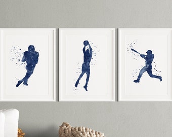 Sport kunst voor jongens kamer set van 3 aquarel prints voetbal honkbal basketbal kinderkamer wanddecoratie