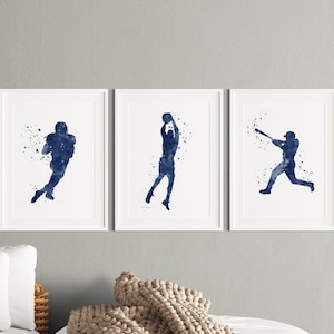 Sports Art for Boys Room Set of 3 Watercolor Prints Football Baseball Basketball Kids Room Wall Decor